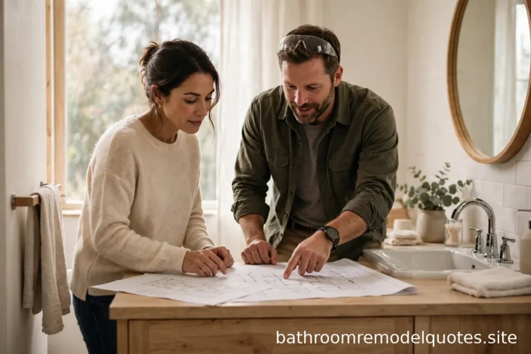 Homeowner reviewing bathroom remodeling plans and cost estimates with a contractor at a bright bathroom vanity counter