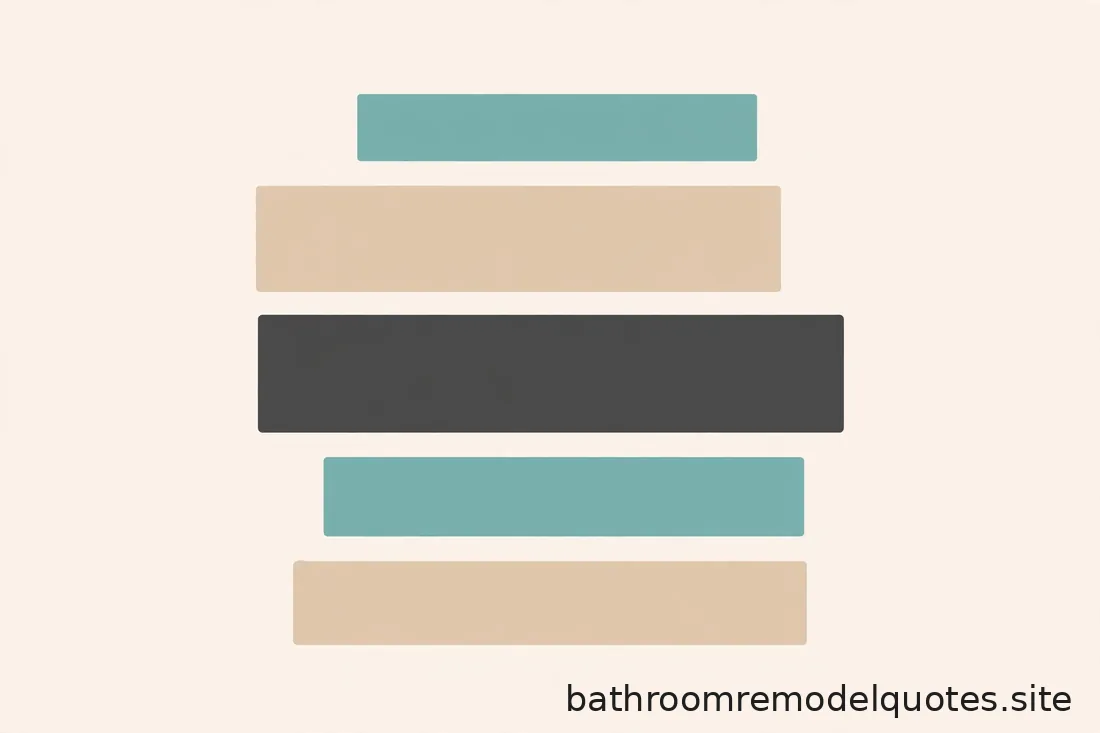 Flat editorial illustration in teal, sand, and charcoal showing abstract stacked blocks representing bathroom remodel cost components