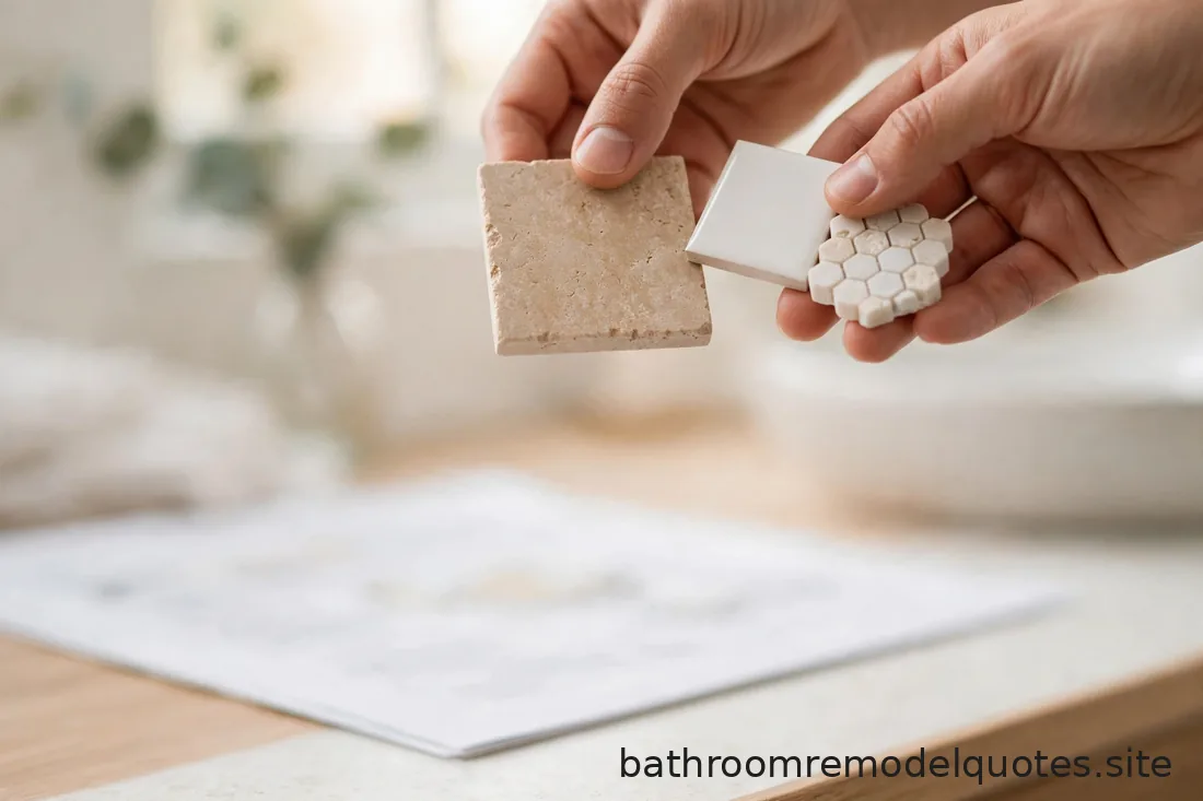 Close-up of hands holding tile samples over a printed bathroom remodel cost estimate on a bright counter