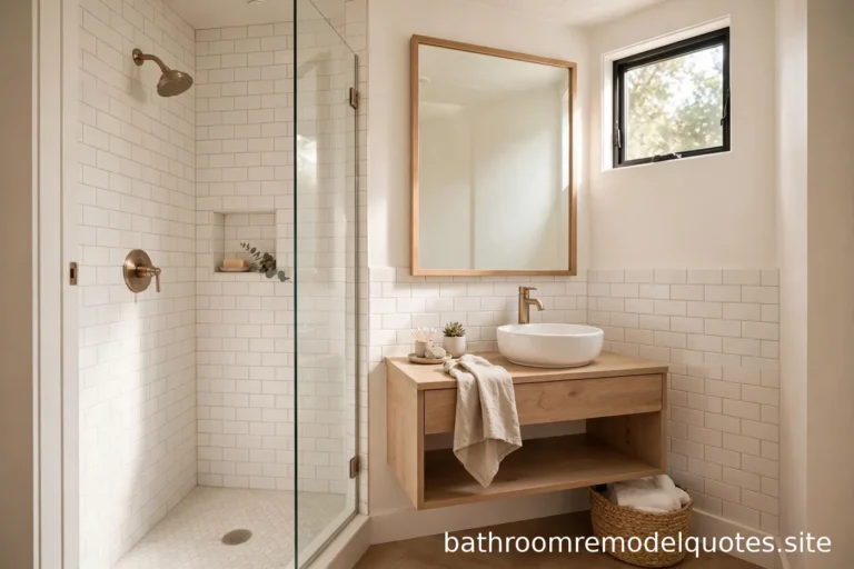 Bright small bathroom with walk-in glass shower, floating light-wood vanity, and white subway tile in soft daylight