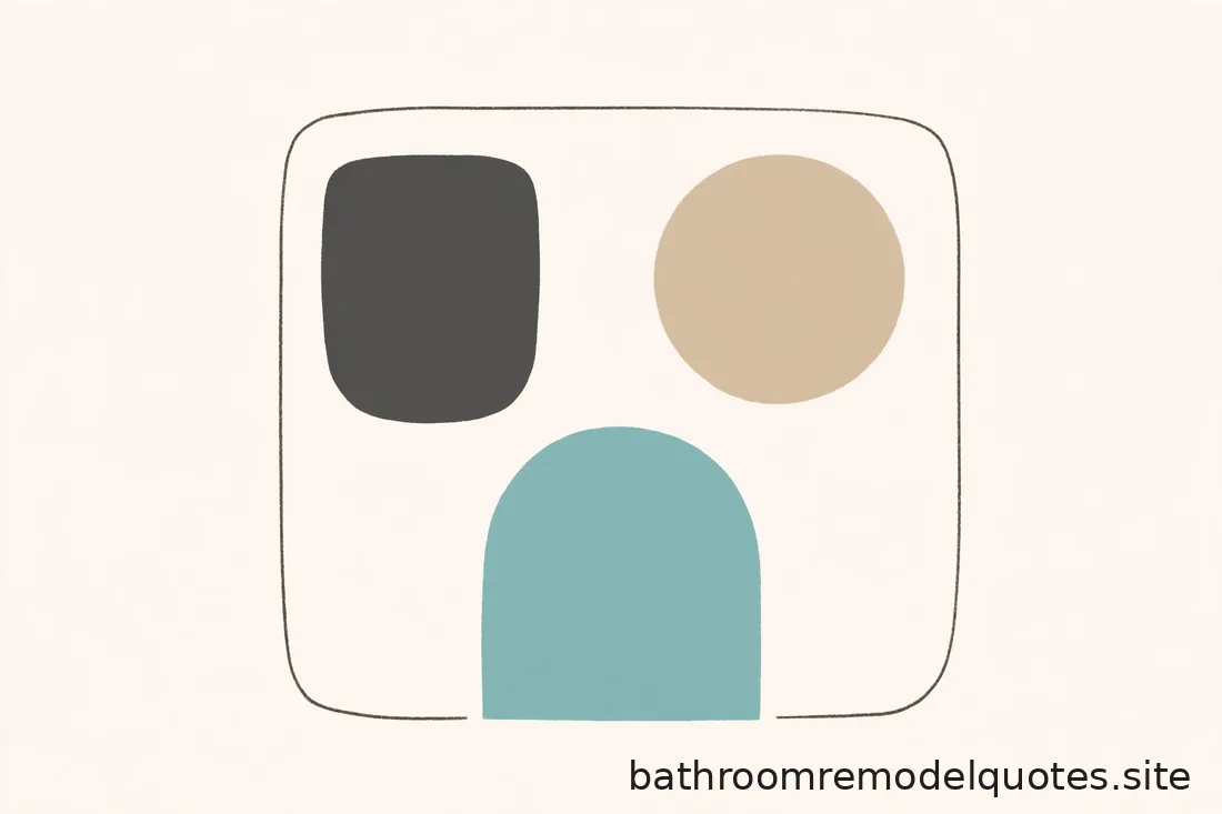 Flat editorial illustration in teal, sand, and charcoal of abstract small-bathroom layout shapes with no text