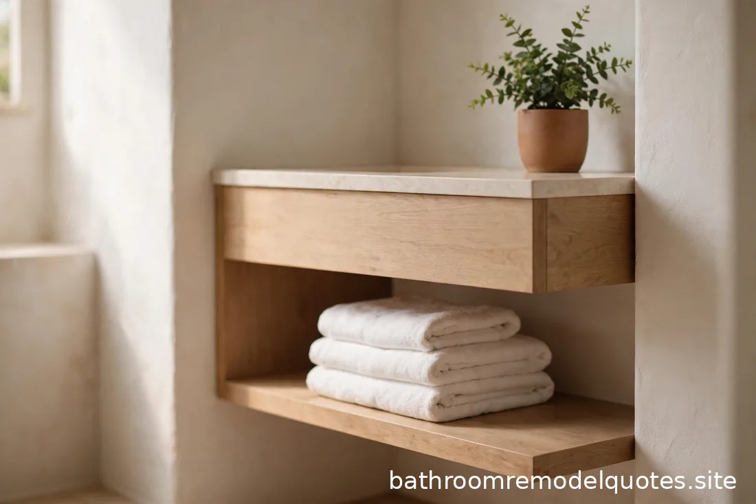 Close-up detail of a small bathroom corner showing a floating vanity, folded towels, and clever storage in warm daylight