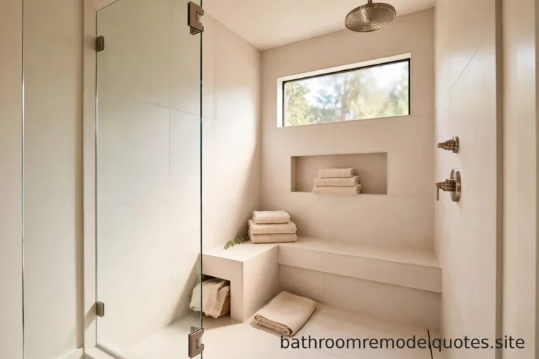 Bright modern walk-in shower with frameless glass panel, rainfall showerhead, and large warm-white porcelain tile