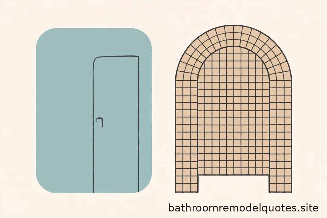 Flat editorial illustration in teal, sand, and charcoal comparing a simple prefabricated shower shape with a detailed custom tiled shower shape