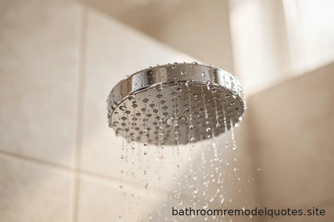 Close-up of a chrome rainfall showerhead with water droplets against warm white shower tile