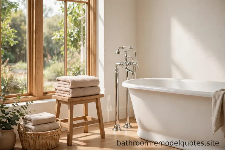 Bright bathroom with a white freestanding soaking tub beside a large sunlit window