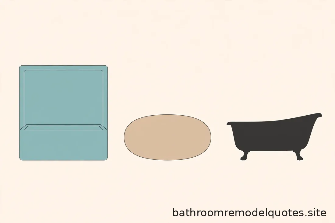 Flat editorial illustration in teal, sand, and charcoal showing three abstract bathtub silhouettes: alcove, freestanding, and clawfoot