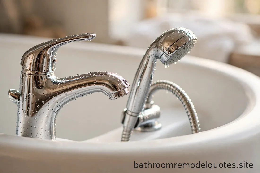 Close-up of a polished chrome tub faucet against the curved white edge of a bathtub in soft daylight