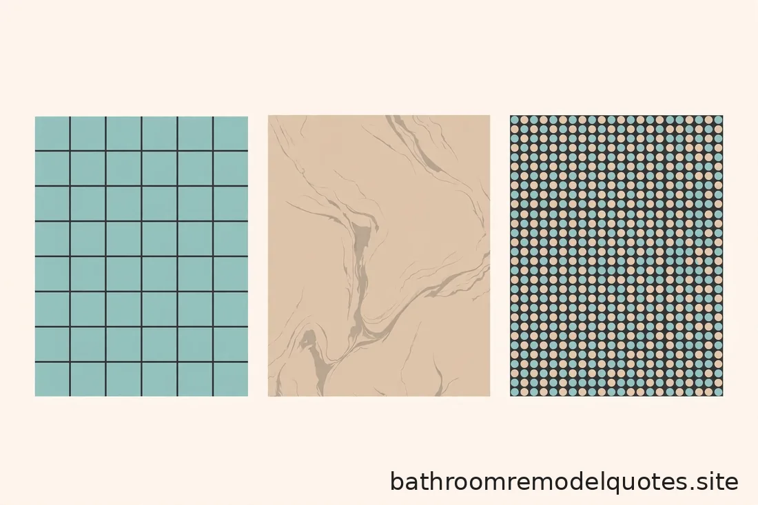Flat editorial illustration in teal, sand, and charcoal comparing three abstract tile material swatches: grid, veined, and mosaic