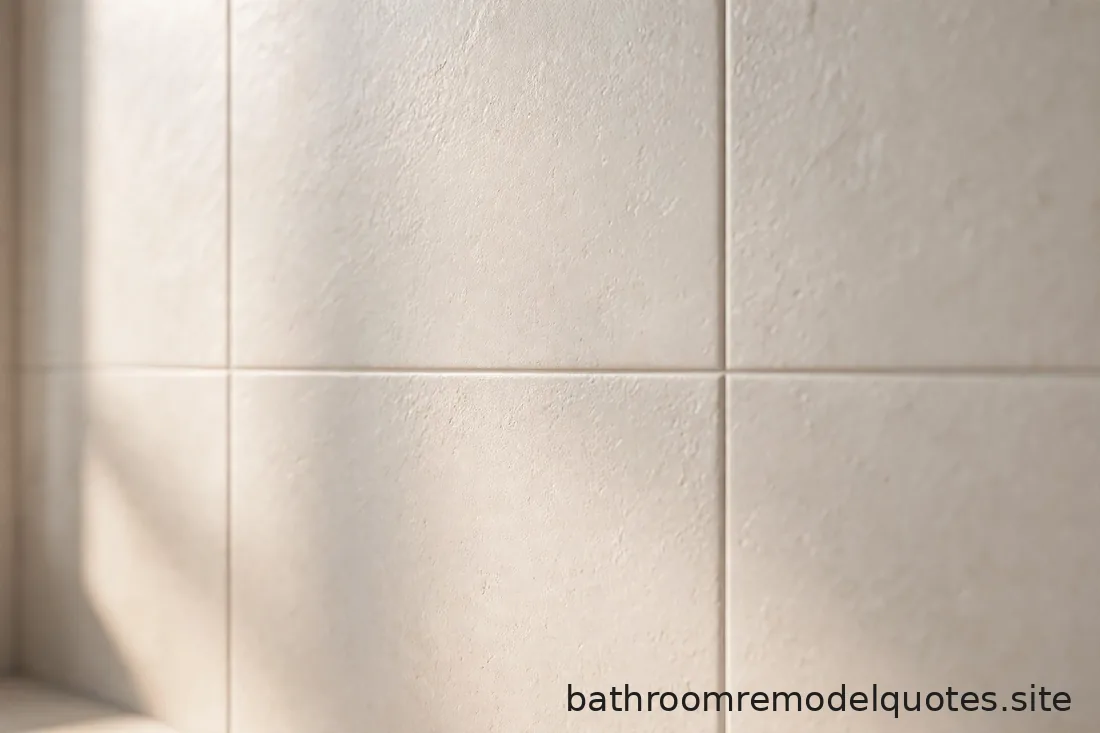 Extreme close-up of large-format warm white porcelain tile texture with thin precise grout lines in soft side light