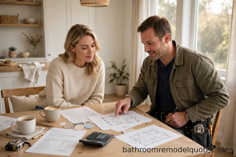 Homeowner and contractor reviewing printed remodeling quotes and a floor plan together at a bright dining table