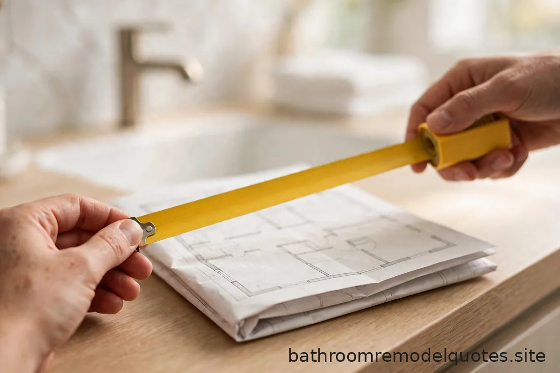 Close-up of hands holding a measuring tape across a bright bathroom vanity with a floor plan beneath
