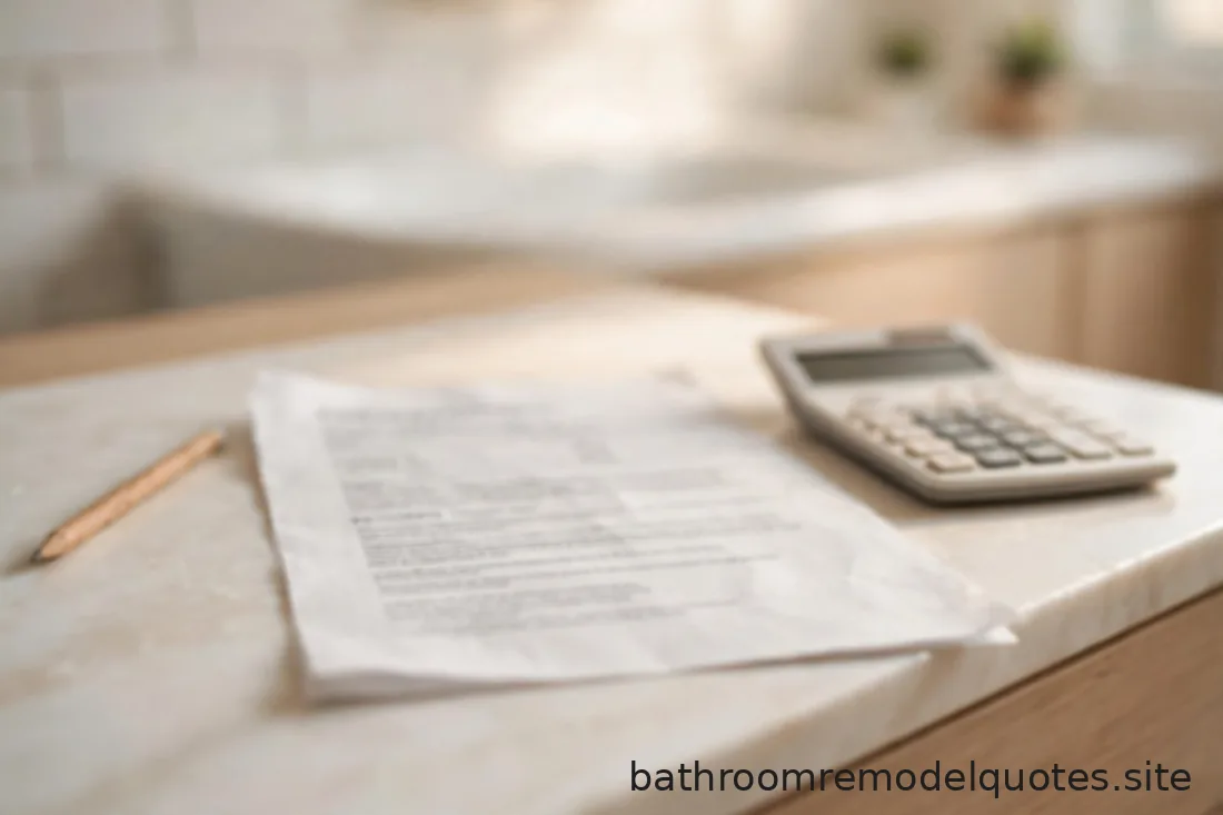 Close-up of a detailed printed contractor estimate on a bright bathroom counter with soft-blurred text