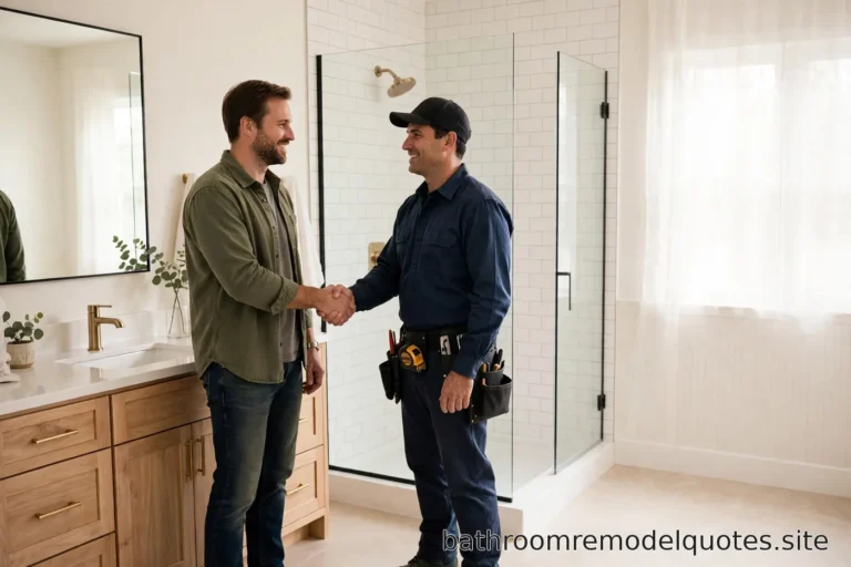 Homeowner shaking hands with a contractor in a bright finished bathroom with a new vanity and glass shower