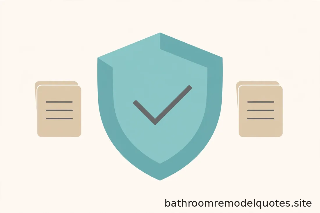 Flat editorial illustration in teal, sand, and charcoal of an abstract shield with a checkmark flanked by document shapes