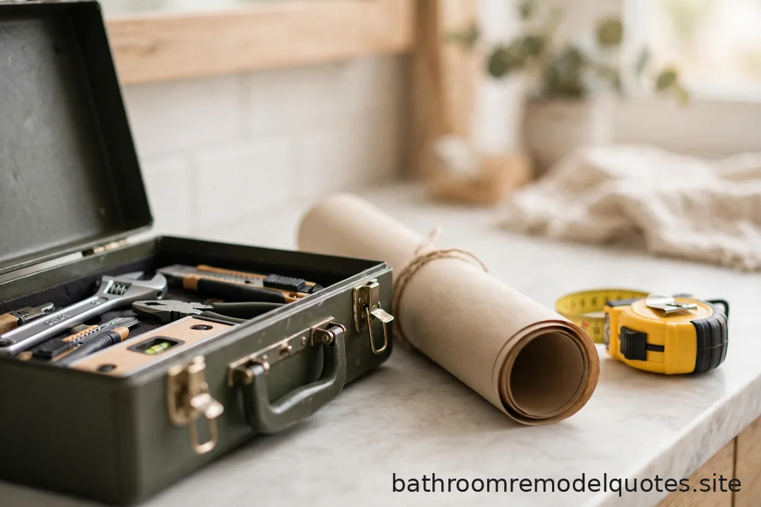 Close-up of a contractor's toolbox, rolled floor plans, and tape measure on a bright bathroom counter