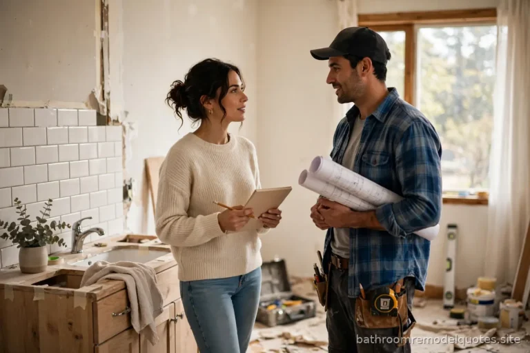 Homeowner interviewing a bathroom contractor in a bright half-finished bathroom, holding a notepad with questions