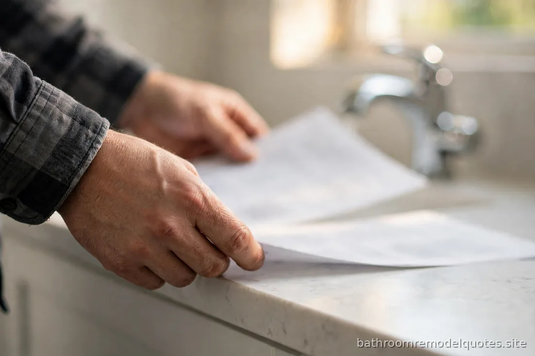 Close-up of a contractor's hands placing a signed contract and itemized bid pages on a bathroom vanity counter