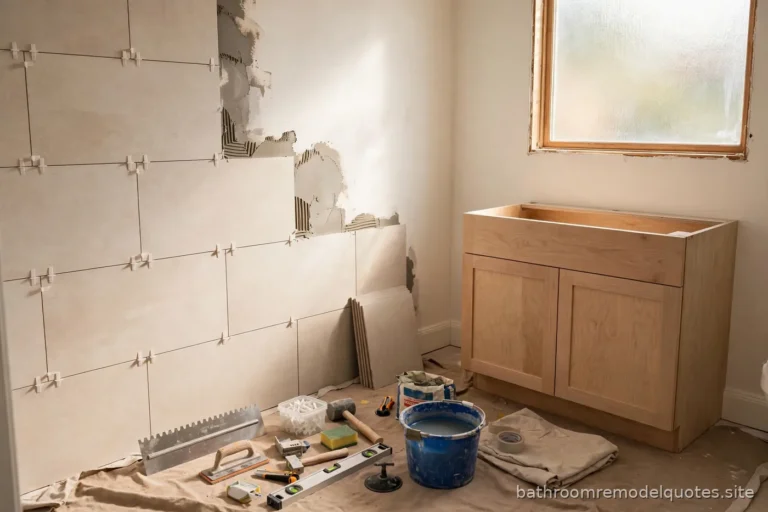Bright bathroom mid-remodel with new tile partially installed, tools organized, soft daylight through a window