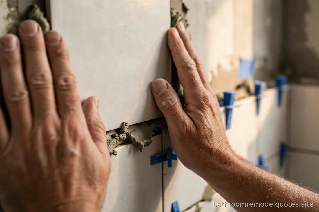 Close-up of a tile setter's hands pressing a large ceramic tile into fresh mortar on a bathroom wall
