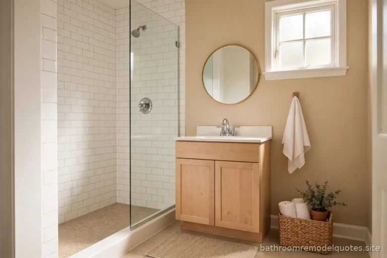 Bright finished budget-friendly bathroom with white subway tile, stock vanity, and chrome fixtures in soft daylight