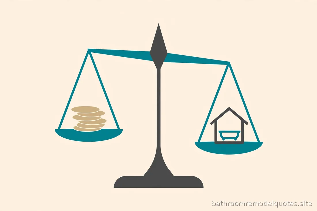 Flat editorial illustration of a balanced scale with abstract bathroom shapes in teal, sand, and charcoal