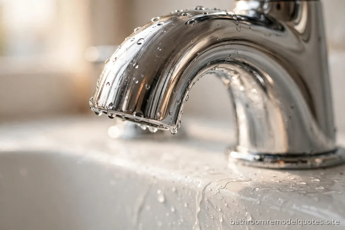 Close-up of a chrome bathroom faucet and handles with water droplets, warm light on white porcelain