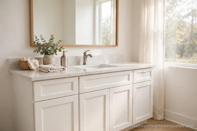 Bright bathroom with a shaker-style vanity, quartz countertop, and chrome faucet in soft morning light