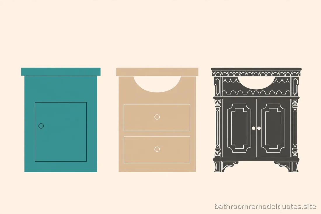 Flat editorial illustration comparing three abstract vanity silhouettes in ascending detail, teal sand and charcoal
