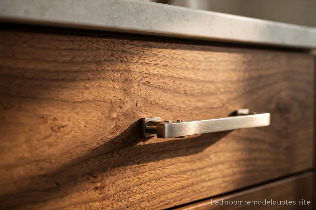 Close-up of vanity wood grain, a brushed-nickel drawer pull, and a quartz countertop edge in warm light