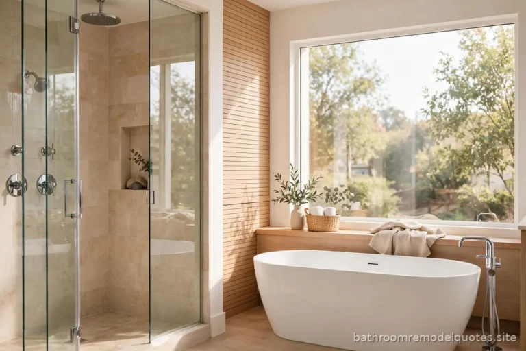 Bright modern bathroom with a glass walk-in shower on one side and a freestanding soaking tub on the other, daylight streaming in