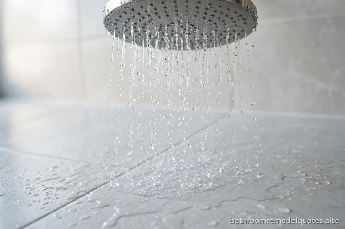 Close-up of a rainfall showerhead with water streaming down over large-format gray tile, bright and airy
