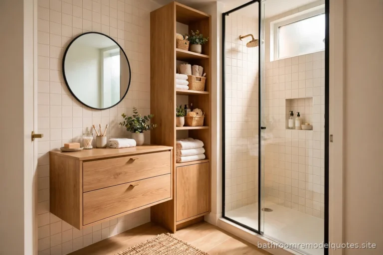 Clever small bathroom with a floating vanity, wall-mounted storage, and a glass shower in bright daylight