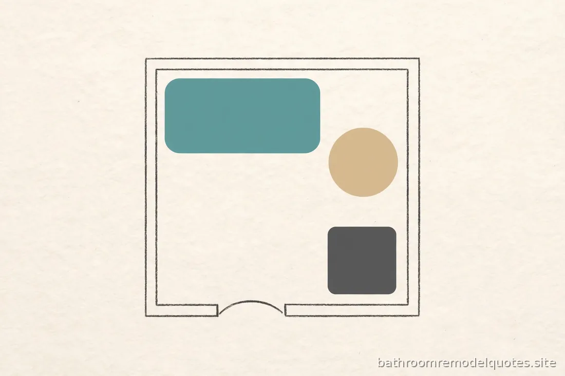 Flat editorial illustration of a compact bathroom floor plan with abstract fixture shapes in teal, sand, and charcoal