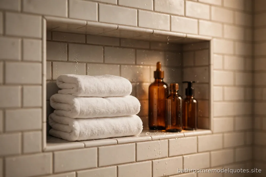 Close-up of recessed shower niche with folded towels and bottles, tiled in warm white with soft light