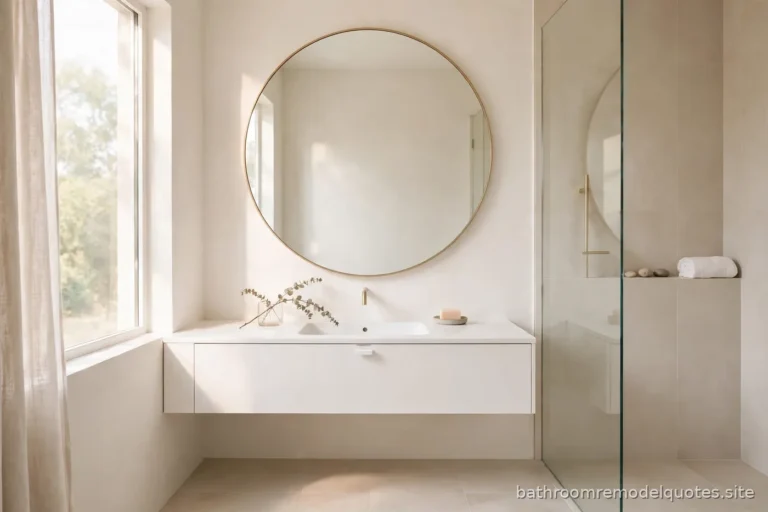 Bright airy small bathroom with an oversized mirror, floating vanity, and large-format light tile in soft daylight
