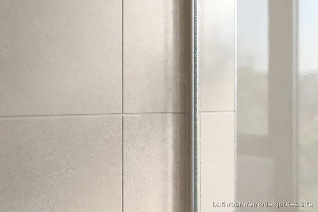 Close-up of large-format light tile wall meeting a frameless glass shower panel, bright minimal detail