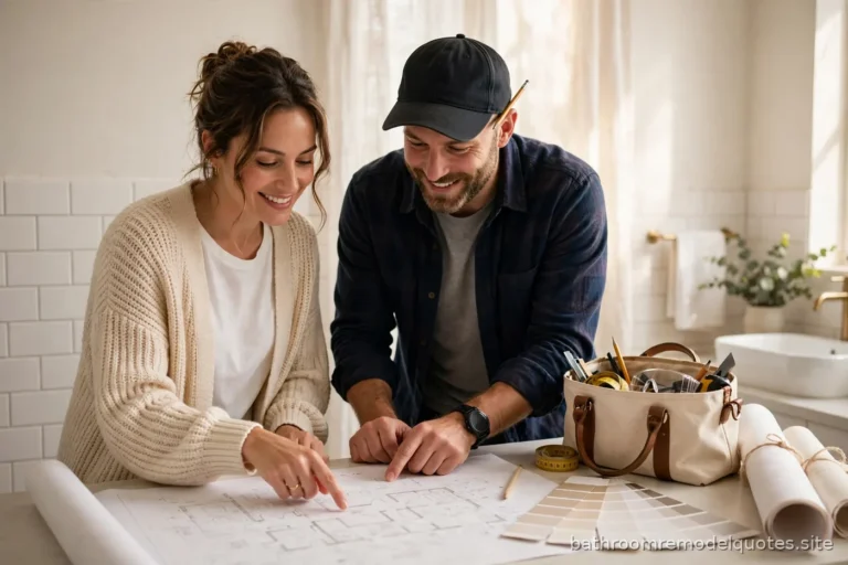 Homeowner and contractor reviewing remodel plans together on a bright bathroom vanity counter with a tool bag nearby
