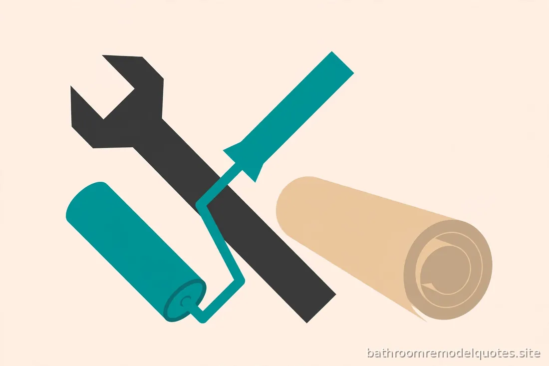 Flat editorial illustration of crossed tools and a blueprint roll in teal, sand, and charcoal