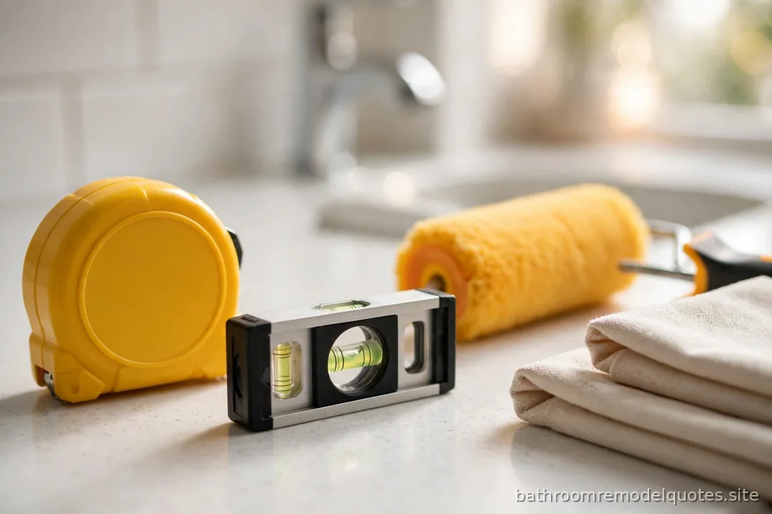 Close-up of a tape measure, paint roller, and level arranged on a bright bathroom counter next to folded drop cloths