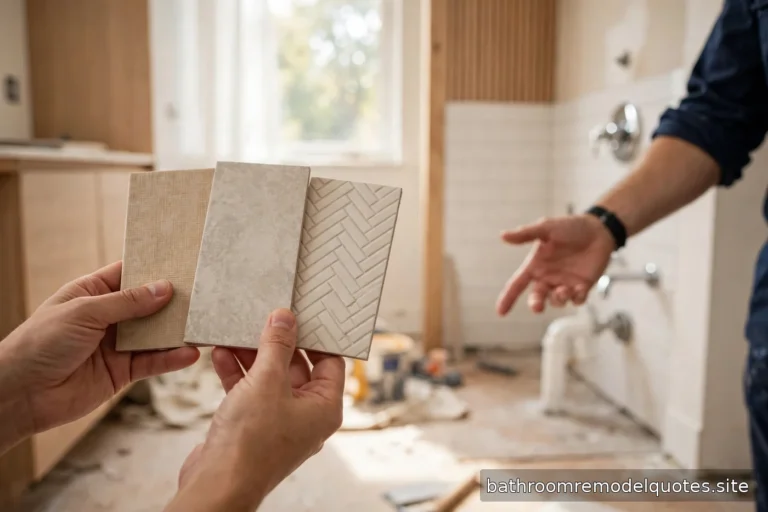 Homeowner hands holding ceramic tile samples with a contractor in a bright, naturally lit bathroom mid-renovation
