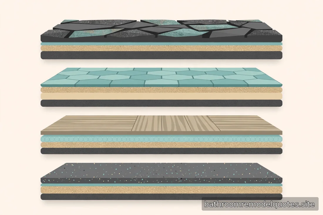 Flat editorial illustration in teal, sand, and charcoal showing abstract layered cross-sections of different bathroom flooring types