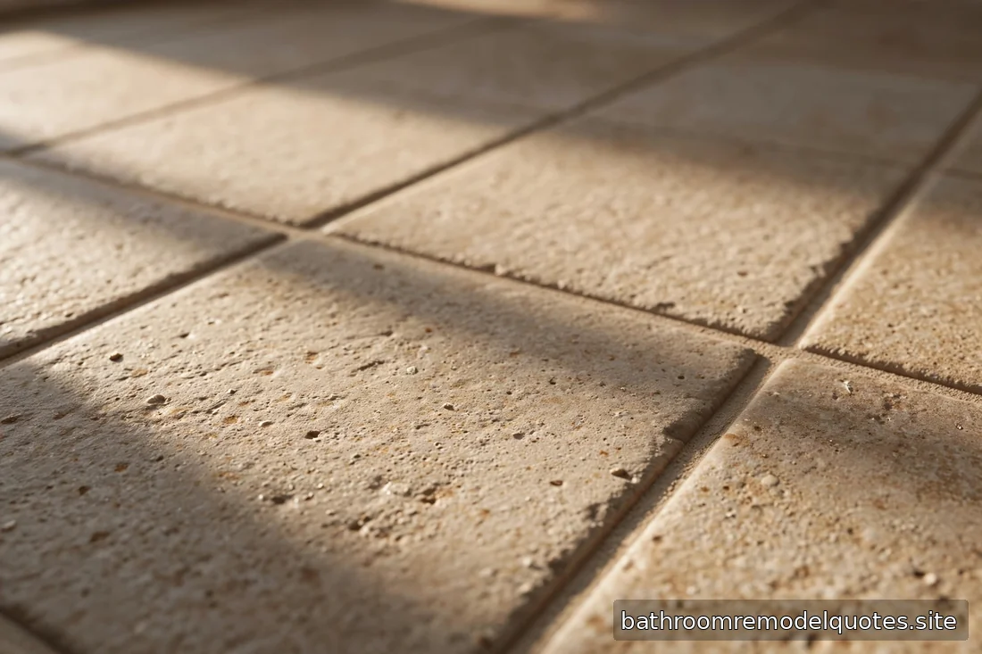 Close-up of textured porcelain bathroom floor tile with grout lines in soft natural daylight