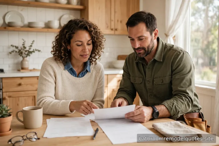 Homeowner reviewing building permit paperwork with a contractor at a bright kitchen table in a real American home