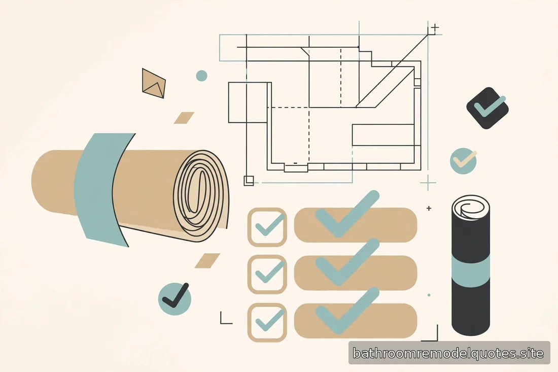 Flat editorial illustration in teal, sand, and charcoal showing abstract blueprint and checklist shapes with no readable text