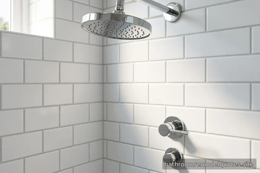 Close-up of a newly tiled shower with modern chrome fixtures in soft natural daylight