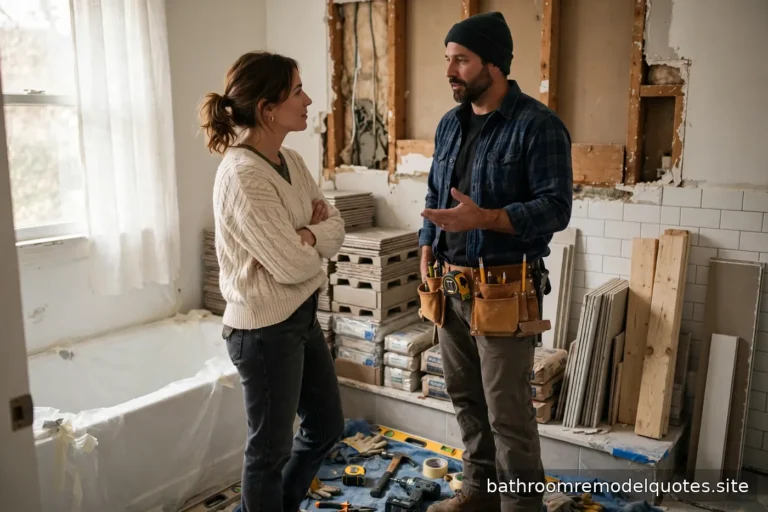 Homeowner and contractor discussing renovation plans in a bright bathroom mid-remodel with tools and materials visible