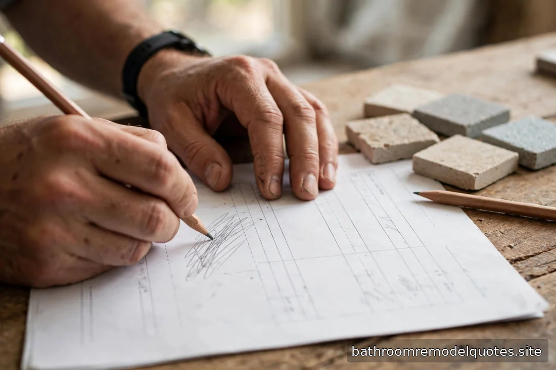 Close-up of a contractor's hands writing on an itemized home renovation estimate with tile samples nearby