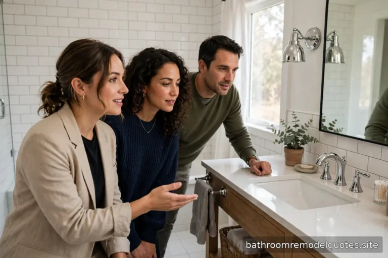 Real estate agent showing a bright newly remodeled bathroom with white tile and chrome fixtures to a homebuyer couple