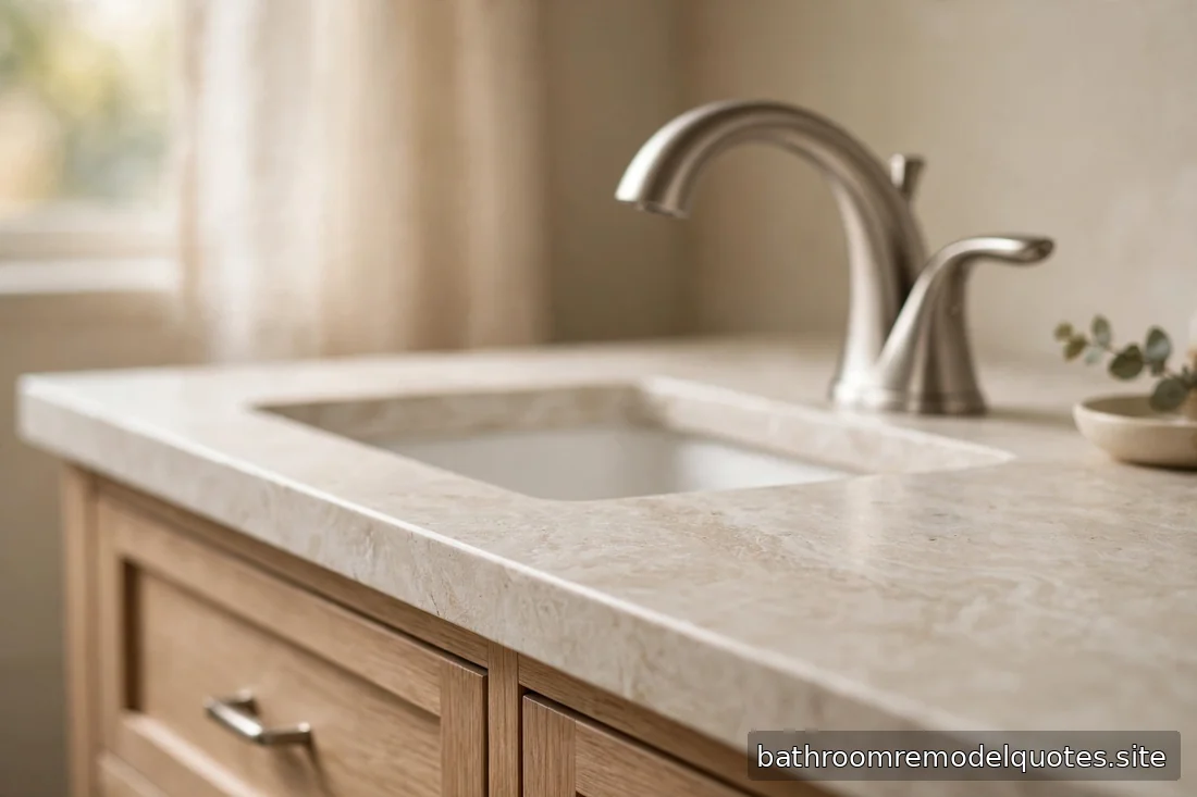Close-up of a new bathroom vanity with stone countertop and brushed nickel faucet in soft daylight